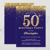 50e verjaardag Navy Blue en Gold Glitter Confetti Kaart (Voorkant / Achterkant)