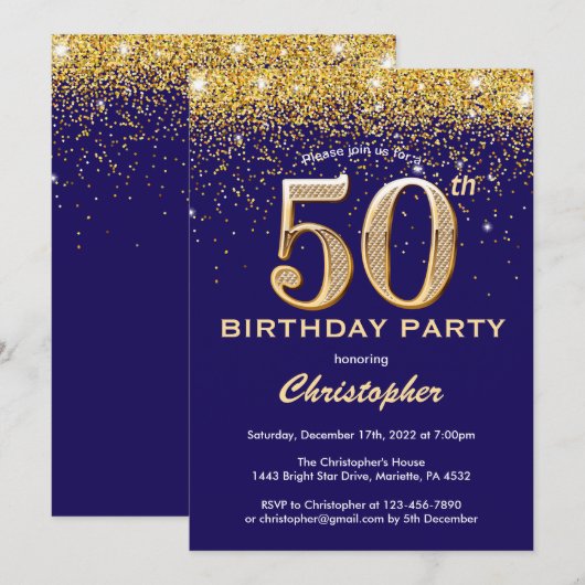 50e verjaardag Navy Blue en Gold Glitter Confetti Kaart (Voorkant / Achterkant)