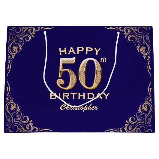 50e verjaardag Navy Blue en Gold Glitter Groot Cadeauzakje (Voorkant)