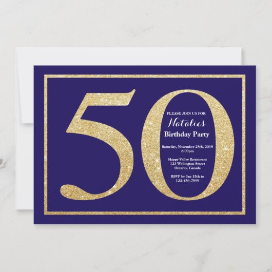 50e verjaardag Navy Blue en Gold Glitter Kaart (Voorkant)