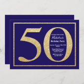 50e verjaardag Navy Blue en Gold Glitter Kaart (Voorkant / Achterkant)