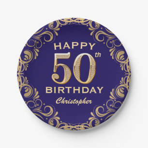 50e verjaardag Navy Blue en Gold Glitter Papieren Bordje