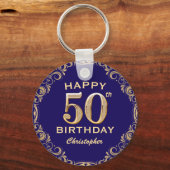 50e verjaardag Navy Blue en Gold Glitter Sleutelhanger (Voorkant)