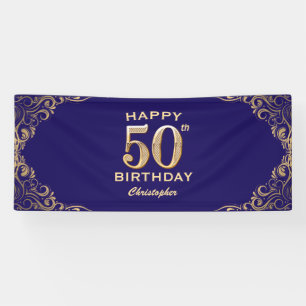 50e verjaardag Navy Blue en Gold Glitter Spandoek