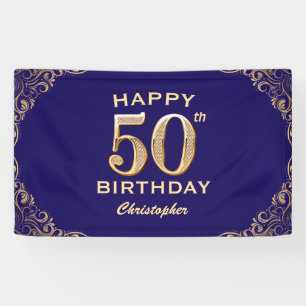 50e verjaardag Navy Blue en Gold Glitter Spandoek