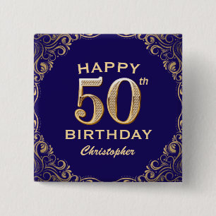 50e verjaardag Navy Blue en Gold Glitter Vierkante Button 5,1 Cm