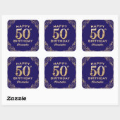 50e verjaardag Navy Blue en Gold Glitter Vierkante Sticker (Vel)