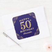 50e verjaardag Navy Blue en Gold Glitter Vierkante Sticker (Envelop)