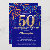50e verjaardag Navy Blue en Gold Rainbow Fireworks Kaart (Voorkant / Achterkant)