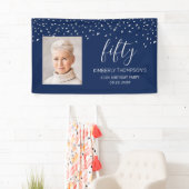 50e Verjaardag Navy Blue Silver Confetti Foto Spandoek (Insitu)