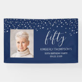 50e Verjaardag Navy Blue Silver Confetti Foto Spandoek (Horizontaal)