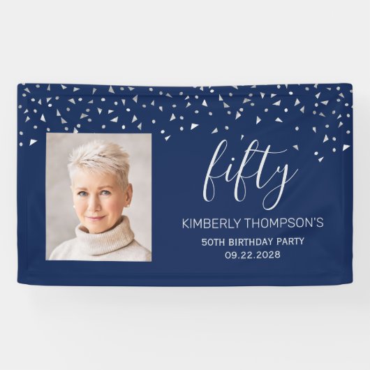 50e Verjaardag Navy Blue Silver Confetti Foto Spandoek (Horizontaal)