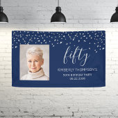 50e Verjaardag Navy Blue Silver Confetti Foto Spandoek