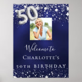 50e verjaardag Navy Blue Silver Stars Foto welkom Poster (Voorkant)