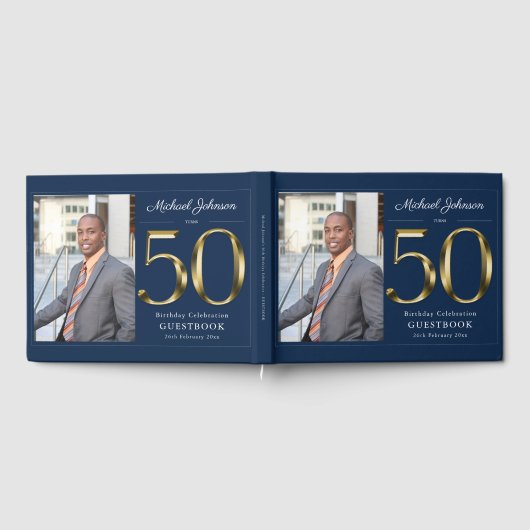 50e verjaardag Navy Blue Solid Gold Custom Foto Gastenboek (Volledig)