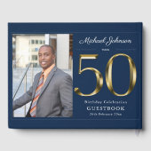 50e verjaardag Navy Blue Solid Gold Custom Foto Gastenboek (Achterkant)
