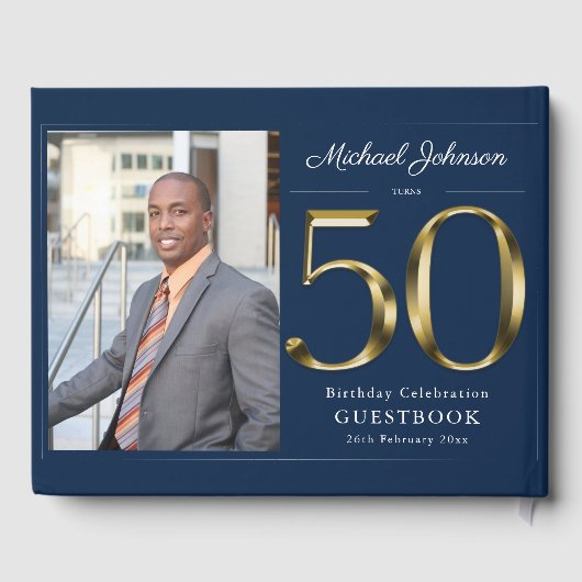 50e verjaardag Navy Blue Solid Gold Custom Foto Gastenboek (Achterkant)