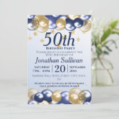 50e verjaardag Navy Gold Balloons Party Kaart (Staand voorkant)