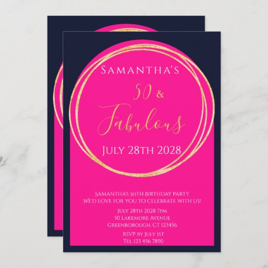 50e verjaardag Navy Hot Roze Verjaardag Kaart (Voorkant / Achterkant)