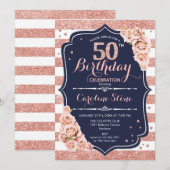 50e verjaardag - Navy Roos Goud en witte strepen Kaart (Voorkant / Achterkant)