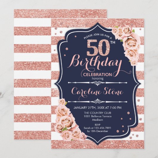 50e verjaardag - Navy Roos Goud en witte strepen Kaart (Voorkant / Achterkant)