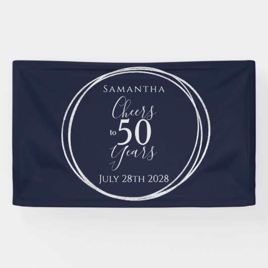 50e verjaardag Navy Silver Proost op 50 jaar feest Spandoek (Horizontaal)