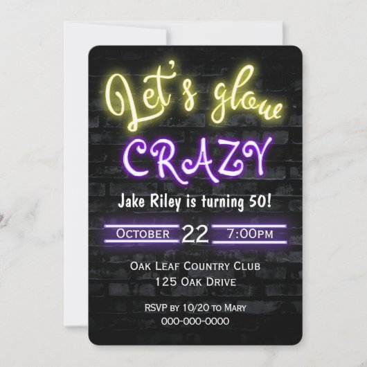 50e verjaardag Neon Glow Sign on Brick Wall Kaart (Voorkant)