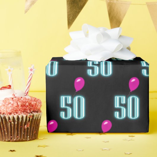 50e verjaardag Neon met ballon Cadeaupapier (Verjaardagsfeest)
