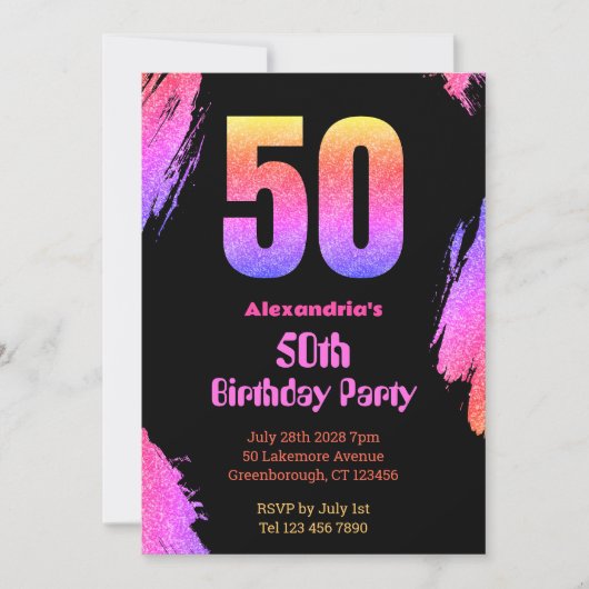 50e verjaardag Neon Pink Glitter Party Uitnodiging (Voorkant)
