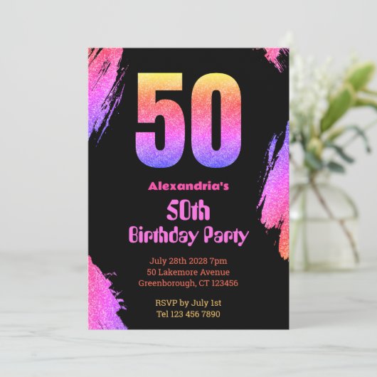50e verjaardag Neon Pink Glitter Party Uitnodiging (Staand voorkant)
