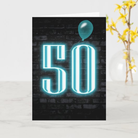 50e verjaardag Neon Sign on Brick Kaart (Gele Bloem)
