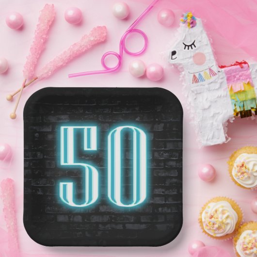 50e verjaardag Neon Sign op Brick Papieren Bordje (Feest)