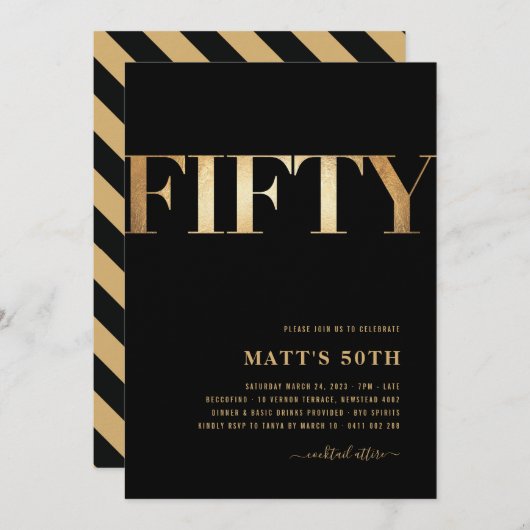 50e verjaardag nodigt zwart en goud uit kaart (Voorkant / Achterkant)