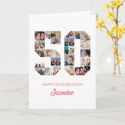 50e verjaardag Nummer 50 Foto collage gepersonalis Kaart (Gele Bloem)