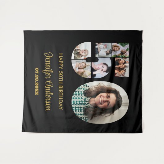 50e verjaardag nummer 50 fotocollage modern zwart wandkleed (Voorkant (horizontaal))