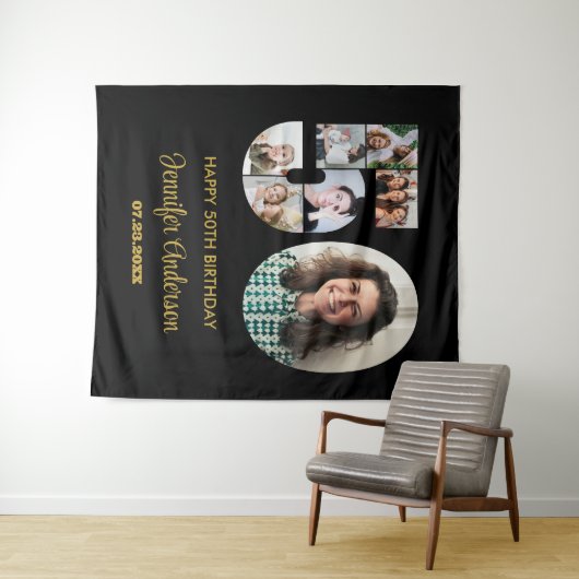 50e verjaardag nummer 50 fotocollage modern zwart wandkleed (In Situ (horizontaal))