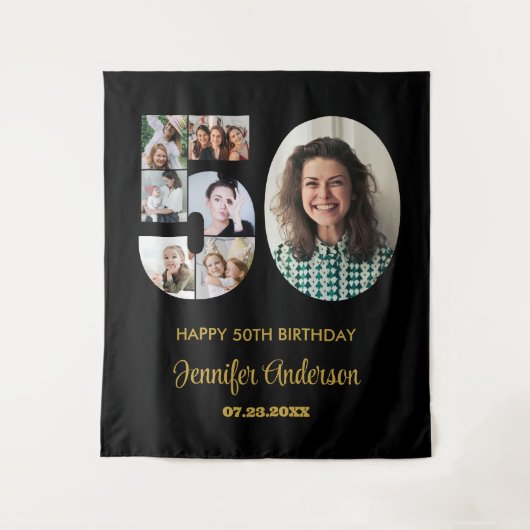 50e verjaardag nummer 50 fotocollage modern zwart wandkleed (Voorkant)