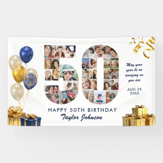 50e verjaardag Nummer 50 Fotocollage Wit Goud Spandoek (Horizontaal)