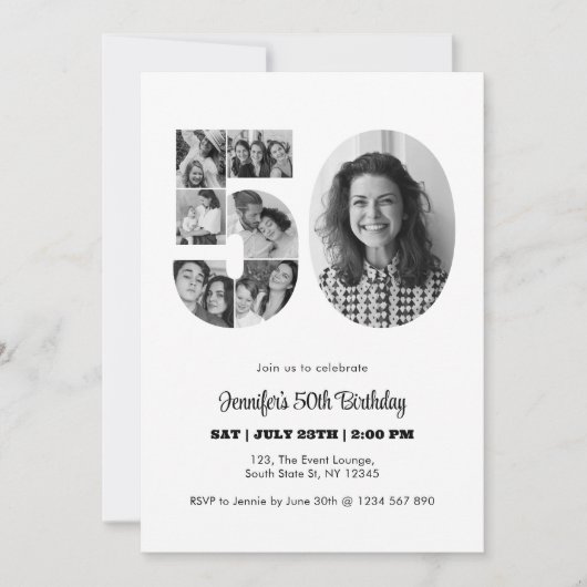 50e verjaardag nummer 50 fotocollage zwart wit kaart (Voorkant)