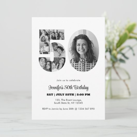 50e verjaardag nummer 50 fotocollage zwart wit kaart (Staand voorkant)