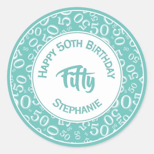 50e Verjaardag Nummer 50 Patroon Blauwgroen en Wit Ronde Sticker (Voorkant)