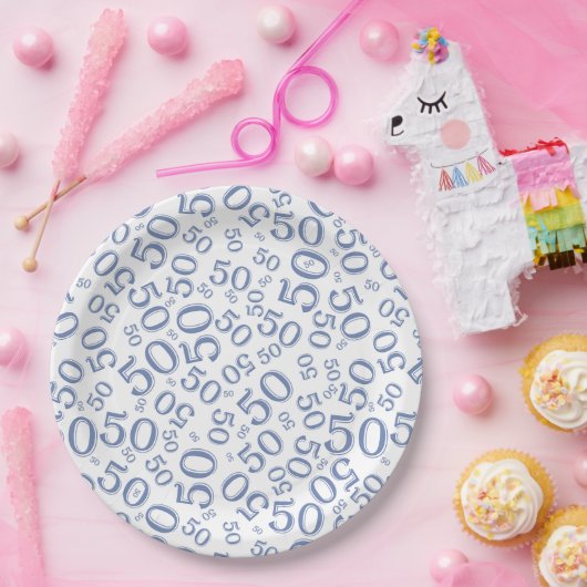 50e verjaardag Nummer patroon blauw/wit Papieren Bordje (Feest)