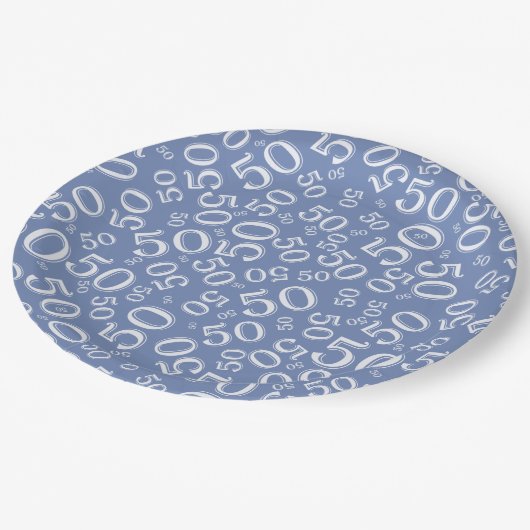 50e verjaardag Nummer patroon blauw/wit Papieren Bordje (Gekanteld)