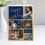 50e verjaardag of elke leeftijd 5 Foto Blue en Gol Folie Wenskaart<br><div class="desc">Luxury Gold folie verjaardagskaart die u kunt personaliseren met een naam, een leeftijd en 5 foto's op de voorzijde, alsook een persoonlijke verjaardagsgroet. Het fotomalplaatje is opstelling om een fotocollage van verticale portret, horizontale landschaps en vierkant formaat afbeeldingen automatisch te creëer. Als u om het even welke problemen met de...</div>