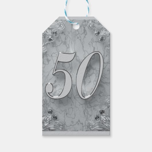 50e Verjaardag of Jubileum Regal Silver Marble Cadeaulabel (Voorkant)