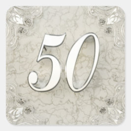 50e Verjaardag of Jubileum Regal Silver Marble Vierkante Sticker