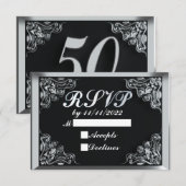 50e Verjaardag of Jubileum Regal Silver Zwart RSVP Kaartje (Voorkant / Achterkant)
