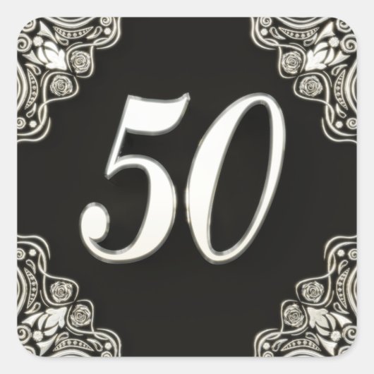 50e Verjaardag of Jubileum Regal Silver Zwart Vierkante Sticker (Voorkant)