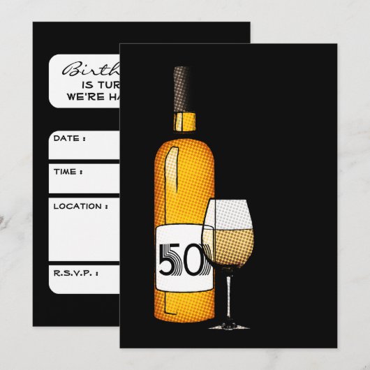 50e verjaardag of verjaardag : wijnfles en glas kaart (Voorkant / Achterkant)