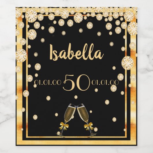 50e verjaardag op stijlvolle zwarte gouddiamanten wijn etiket (Enkel label)